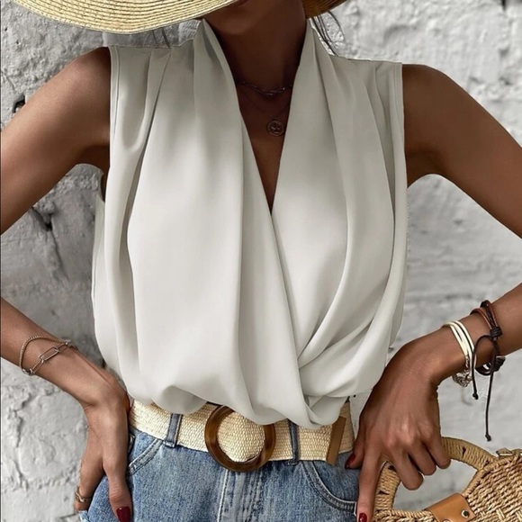 Elegant Classic Wrap Front Sleeveless Work Office Business Top Blouse WHITE - Picture 6 of 6